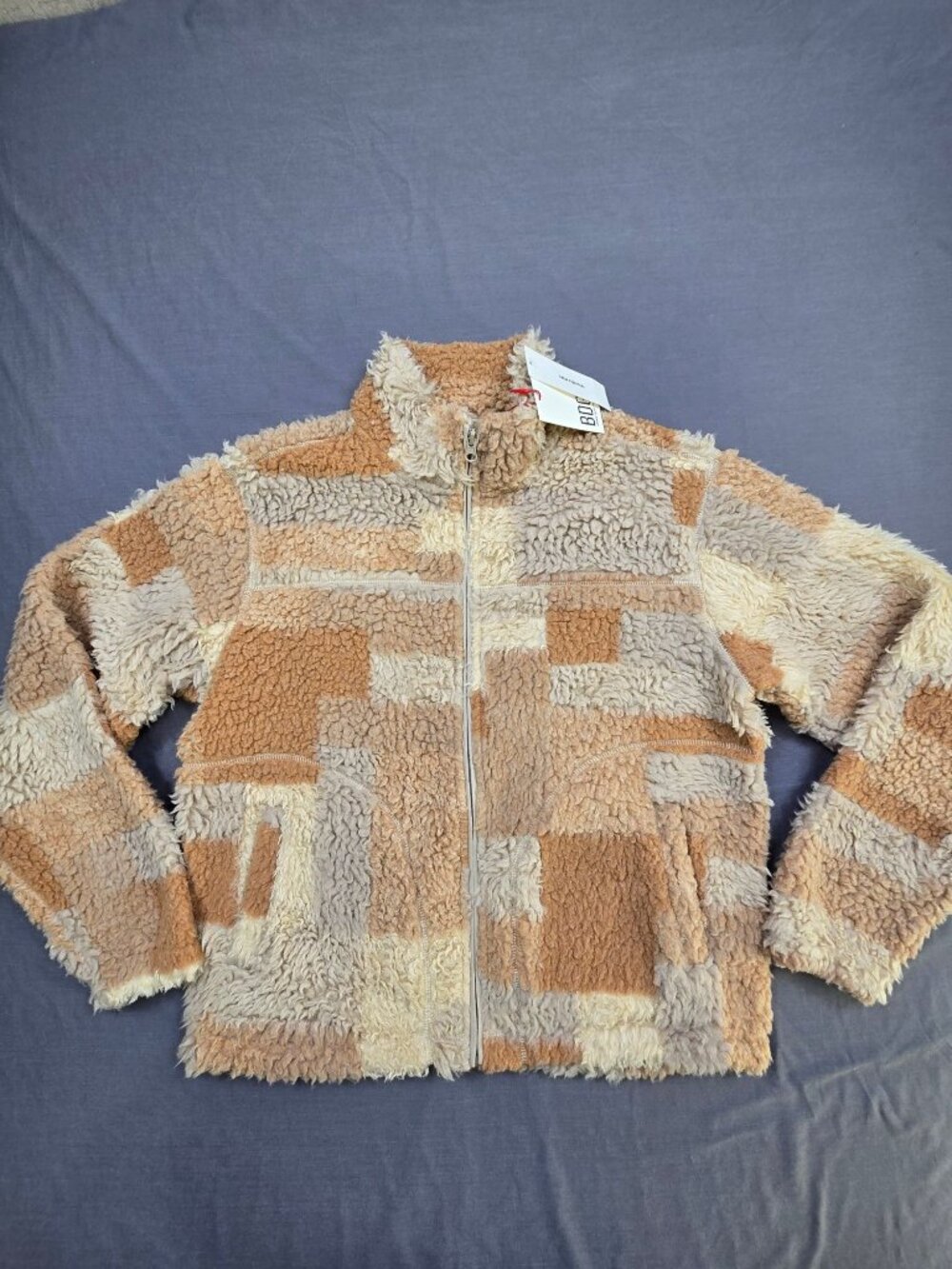 NEW BDG Medium Sherpa Jacket Beige/Brown Patchwork Full Zip